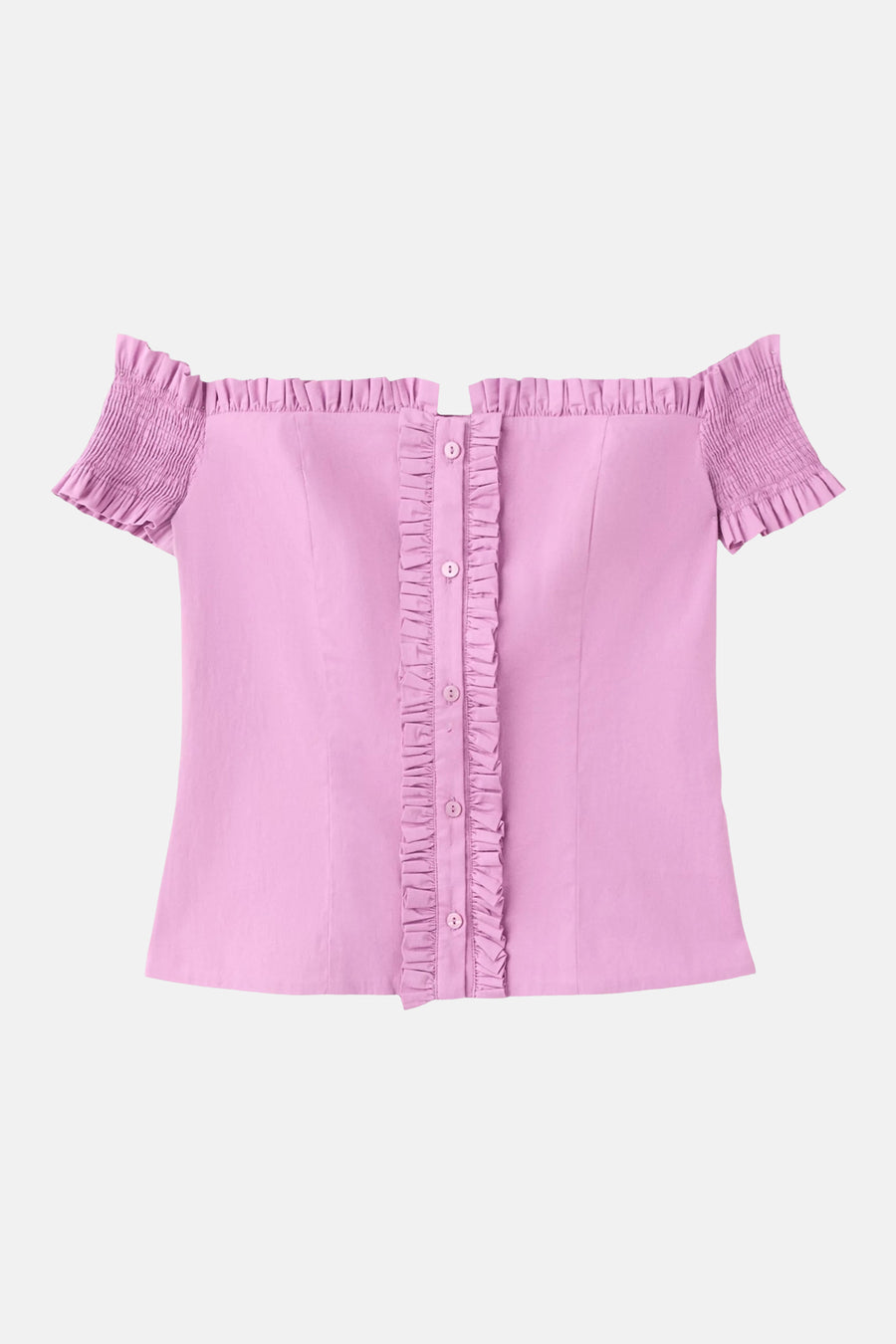 Roze blouse met korte mouwen van MANGO, met ruches aan de schouders en knoopsluiting voor, front view