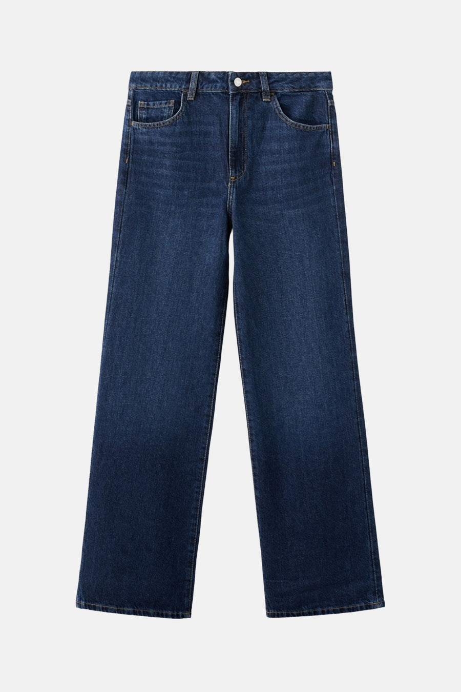 Jean droit en denim bleu marine de MANGO, avec poches à l'avant et jambes larges.