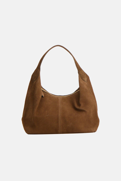 Portefeuille marron de MANGO, en texture suède avec une bandoulière de la même couleur.