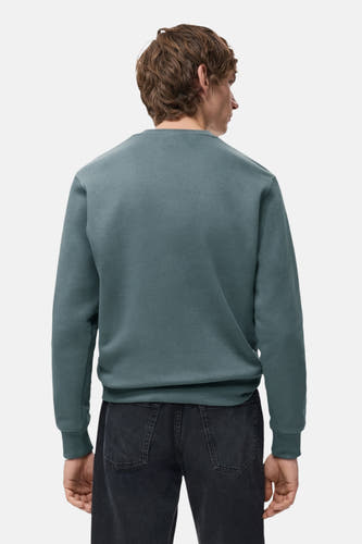 Blauw sweater met ronde hals van MANGO, gezien van achteren, gecombineerd met donkere jeans.
