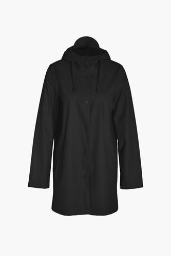 Manteaux de pluie noirs de DROPLETS avec capuche et boutons pression.