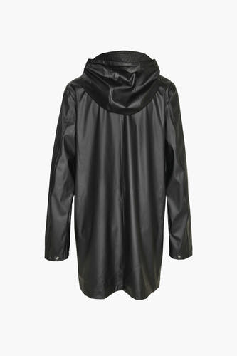 Vêtements de pluie noirs DROPLETS, avec un capuchon, vus par derrière.