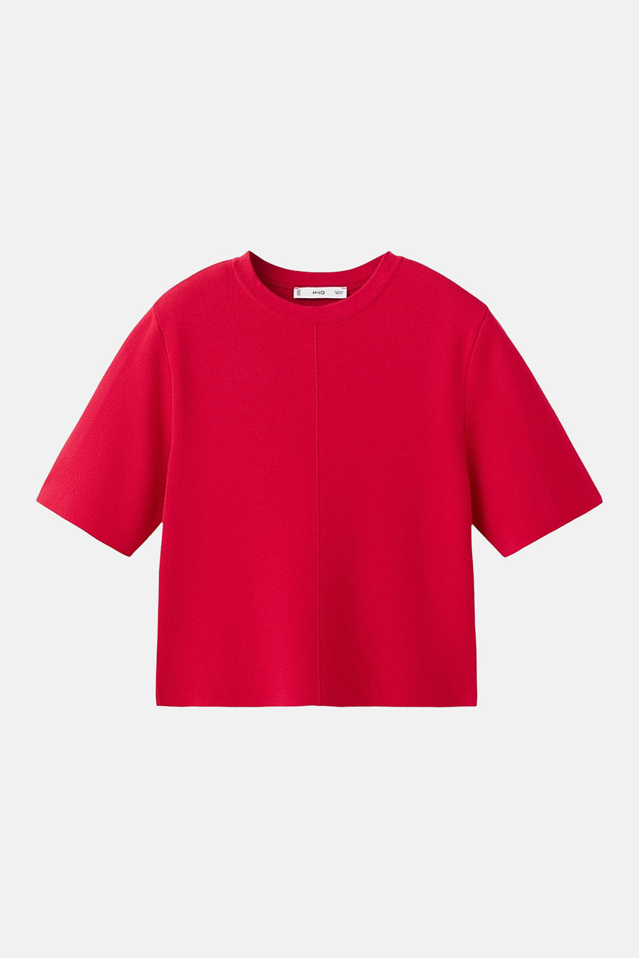 Pull rouge à col rond de Mango, à manches courtes et avec une couture verticale sur le devant.