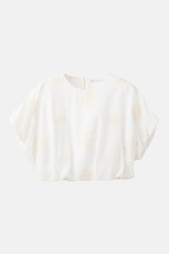 Blouse écru à manches courtes de MANGO, avec motifs floraux brodés.