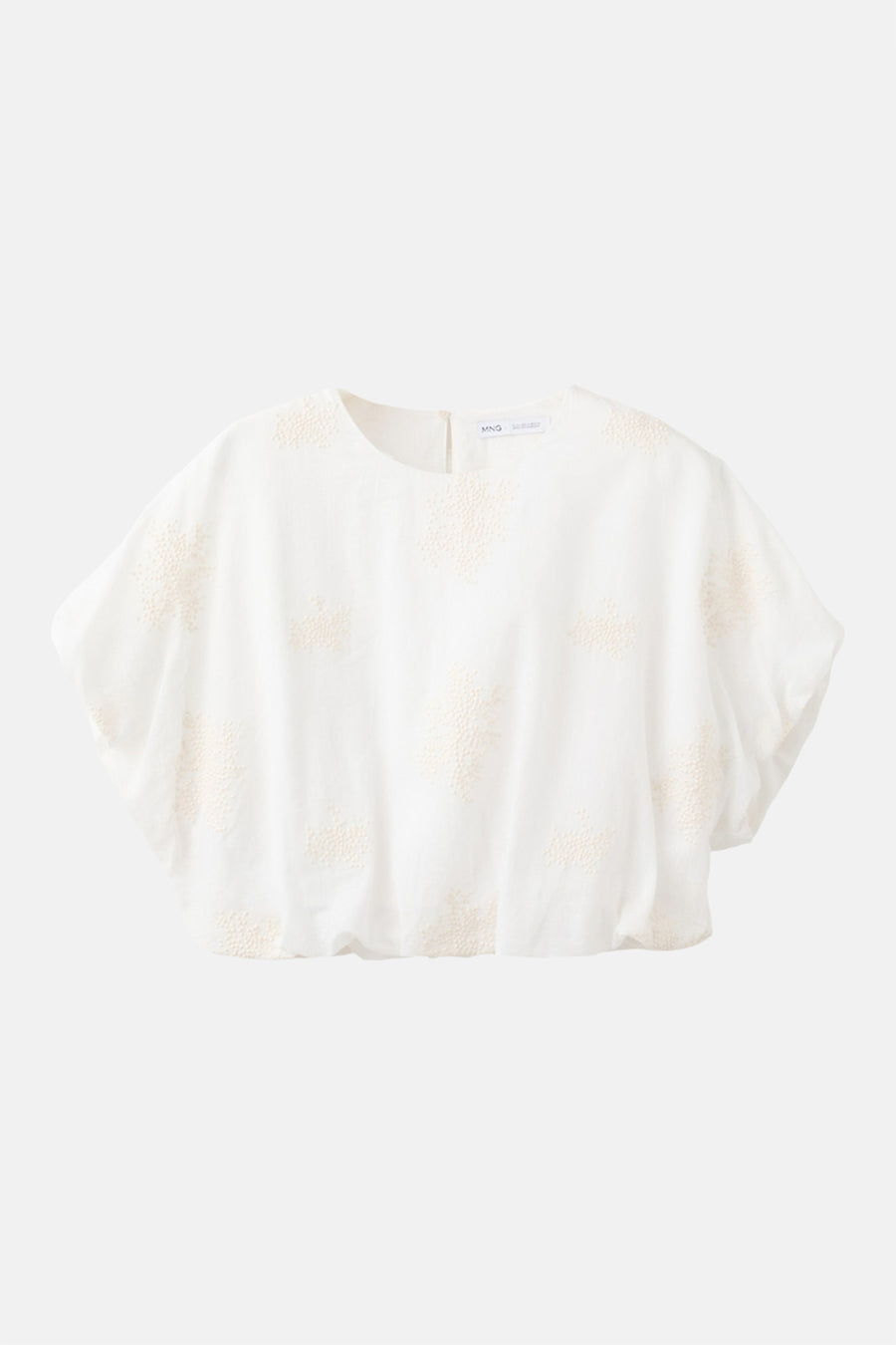 Blouse écru à manches courtes de MANGO, avec motifs floraux brodés.
