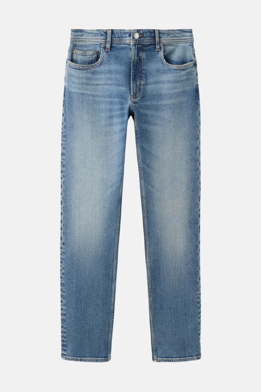 Slim jeans in middenblauw denim van MANGO, met subtiele wassing en klassieke vijfzakkenstyling.
