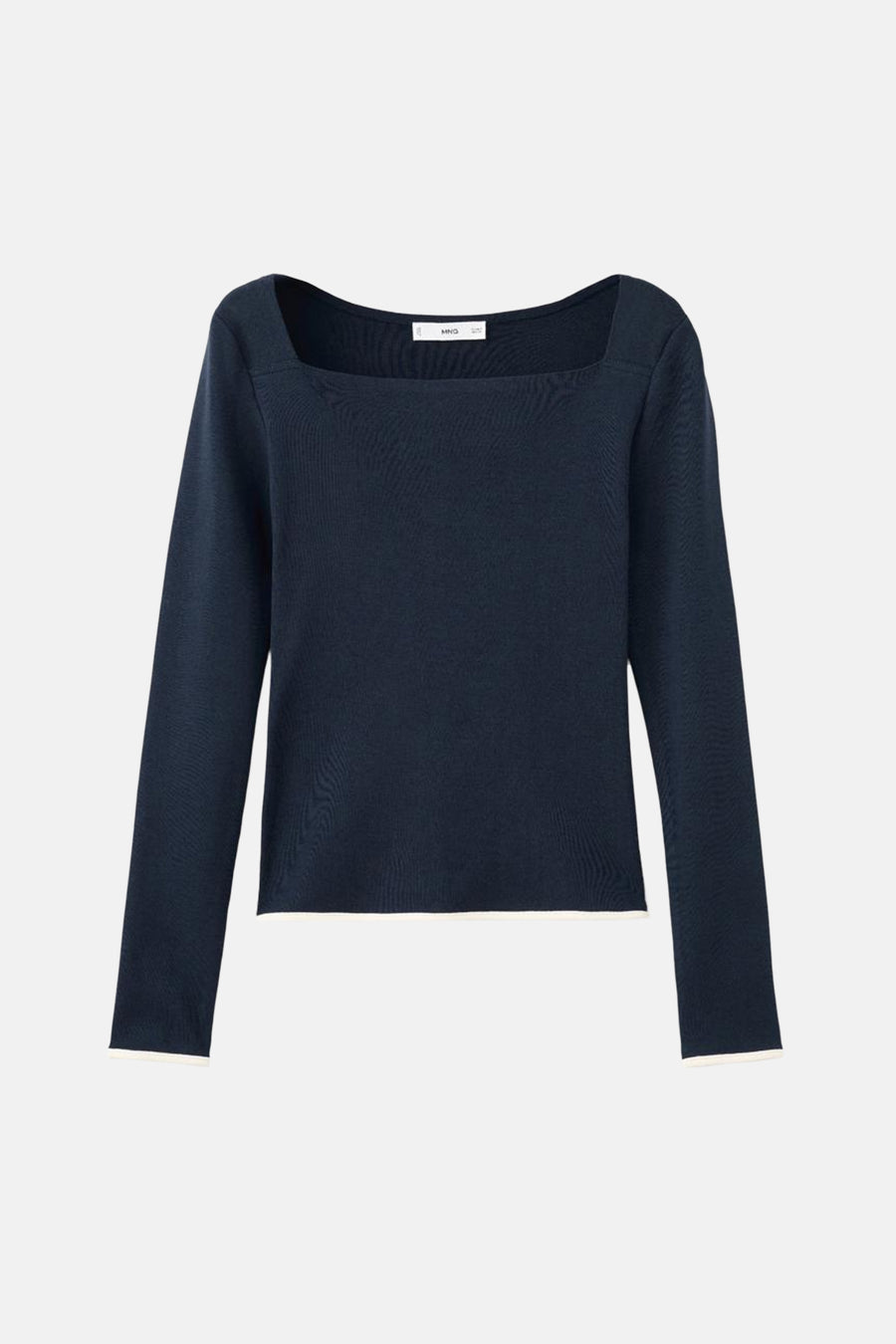 Blauw T-shirt met lange mouwen van MANGO, met een vierkante halslijn en witte accenten aan de mouwen.