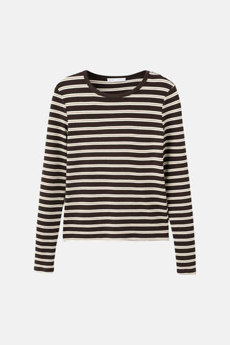 T-shirt à manches longues rayé marron de MANGO, avec un col rond et des rayures horizontales.