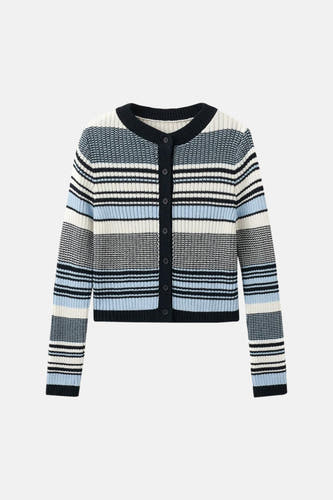 Veelkleurig gilet van MANGO, met gestreepte patronen in blauw, wit en zwart, en knoopsluiting aan de voorkant.