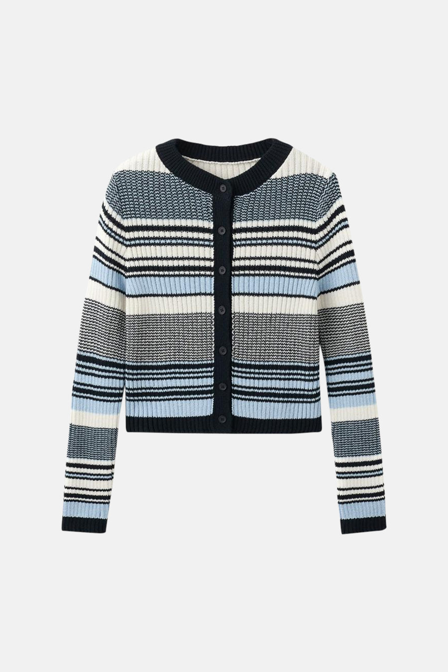 Veelkleurig gilet van MANGO, met gestreepte patronen in blauw, wit en zwart, en knoopsluiting aan de voorkant.
