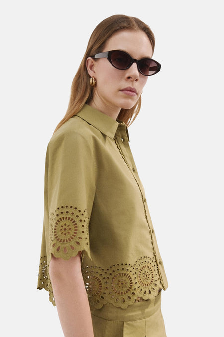 Khaki blouse met korte mouwen van MANGO, met broderie anglaise op de mouwen en zoom.