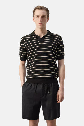 Polo noire de MANGO avec de fines rayures horizontales claires, manches courtes et col, vue de dos portée avec un short noir.