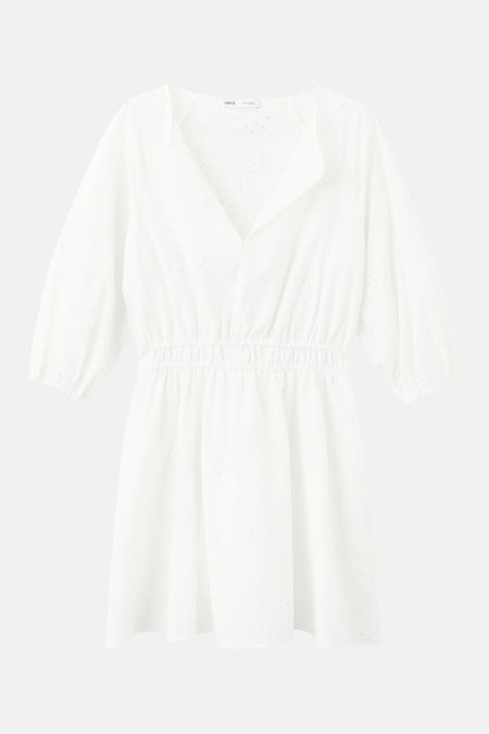 Wit katoenen kleedje met lange pofmouwen van MANGO, met V-hals, broderie en elastische taille.