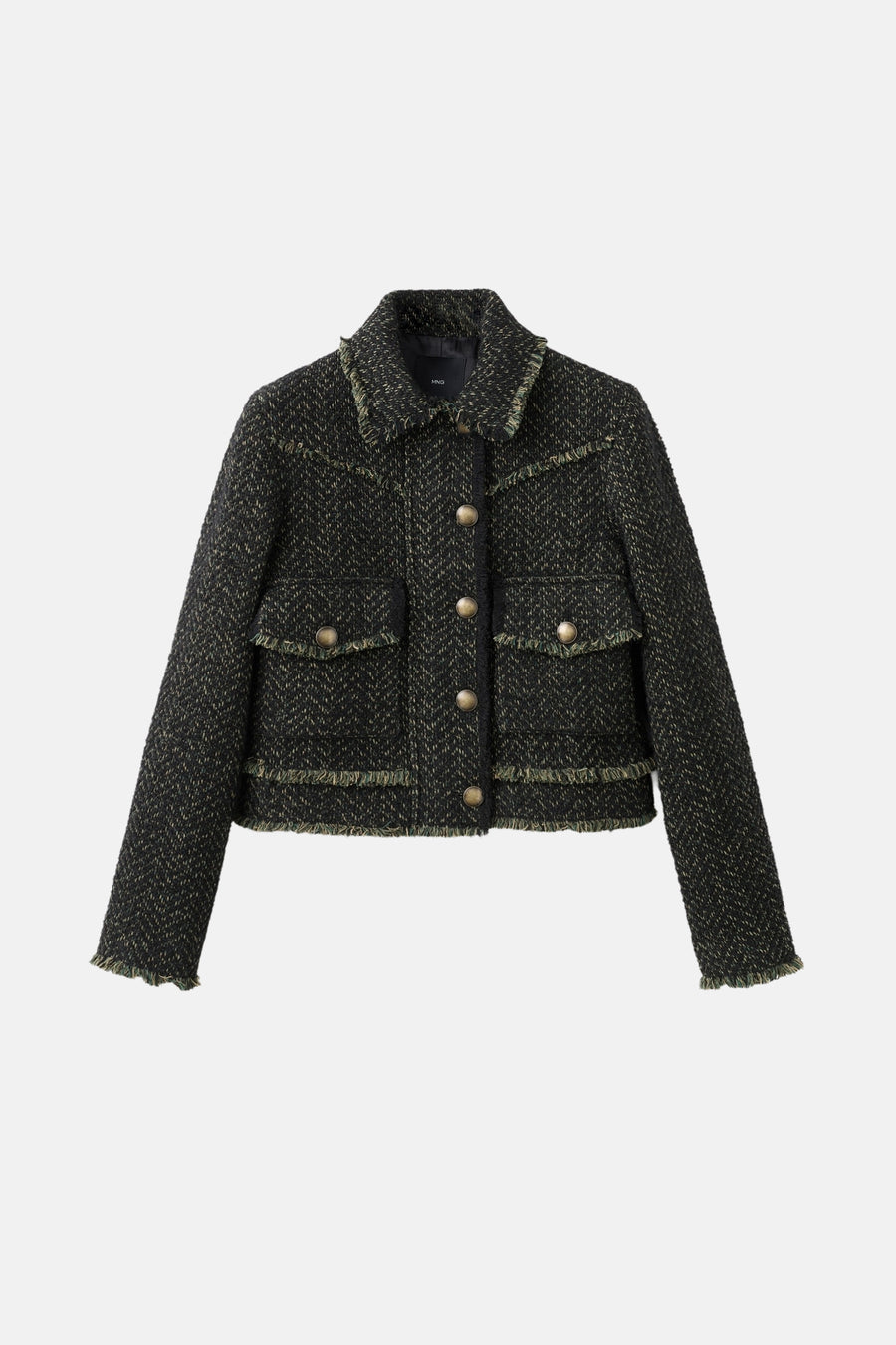 Blazer vert de MANGO, avec une texture tweed, des franges le les bords et des boutons dorés.