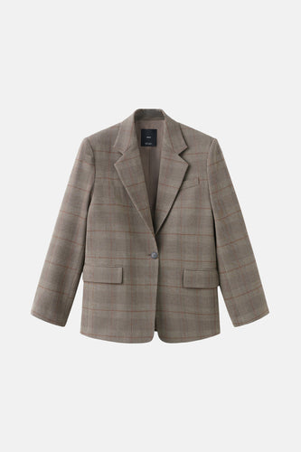 Blazer marron de MANGO avec un motif à carreaux, une fermeture à bouton unique et des poches.