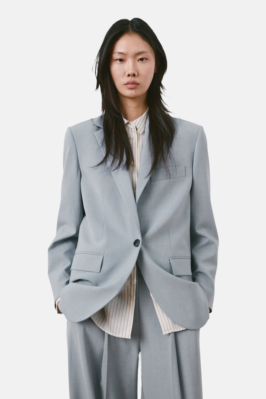 Blazer bleue de MANGO, vue de dos, avec col à revers et poches passepoilées.
