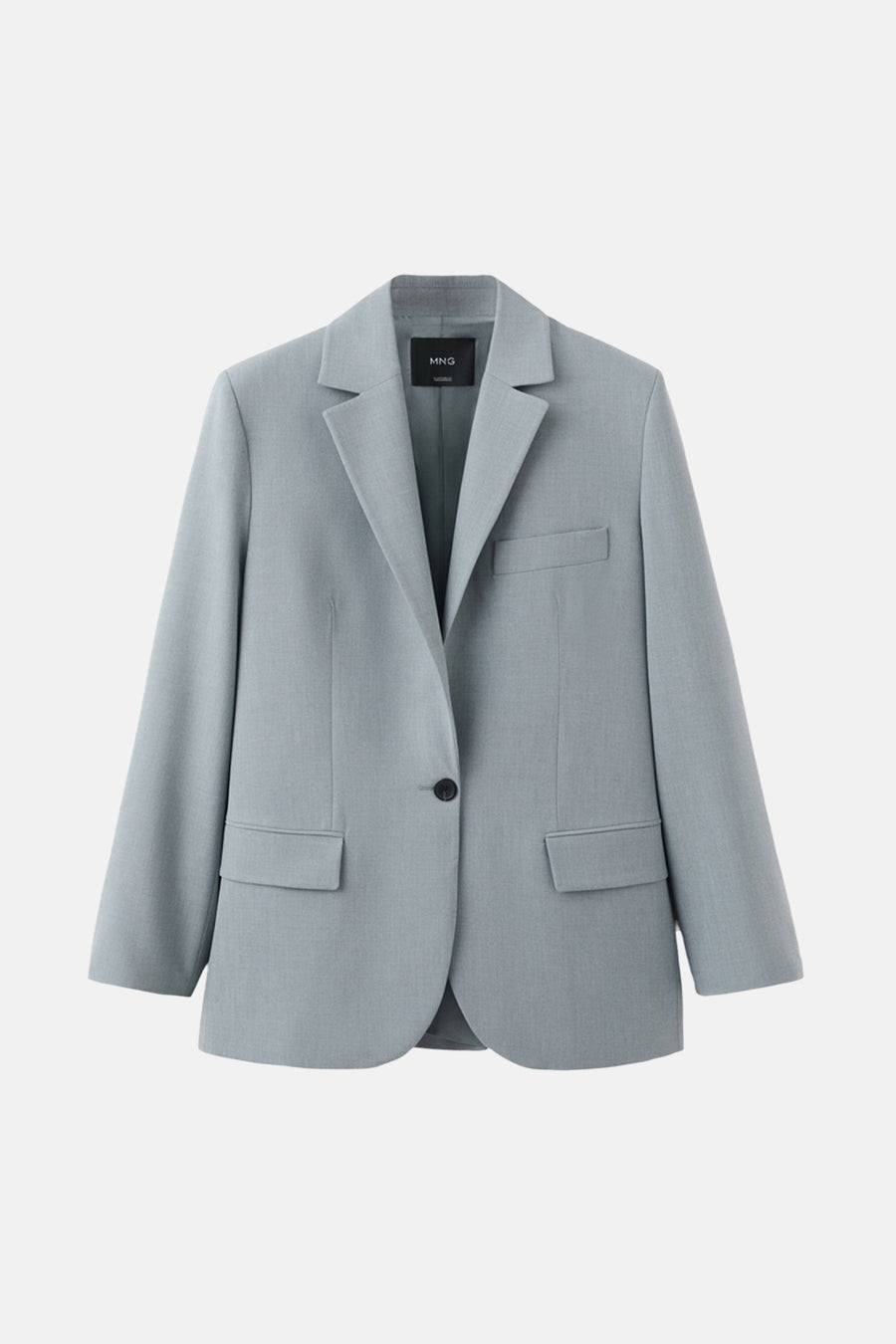 Blazer bleu de MANGO avec une fermeture à un seul bouton et des poches sur le devant.