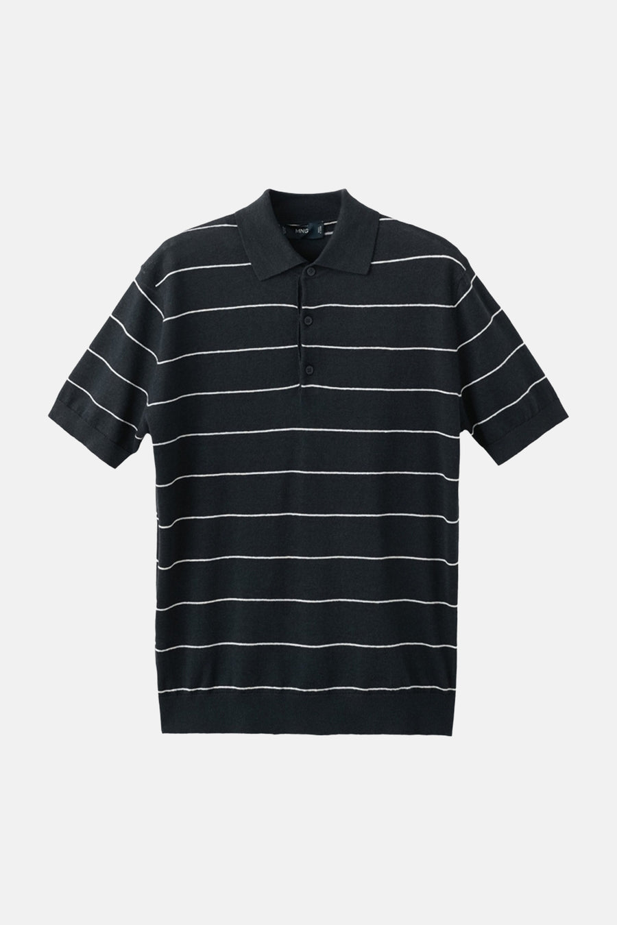 Polo noire à manches courtes de MANGO avec un motif à rayures blanches.