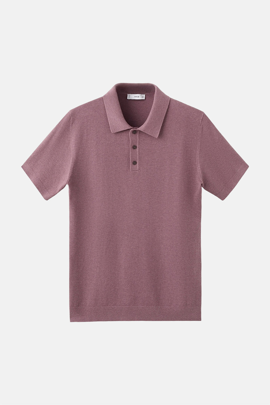 Paarse polo van MANGO, met korte mouwen en een effen gebreide textuur, drie knopen in de hals.