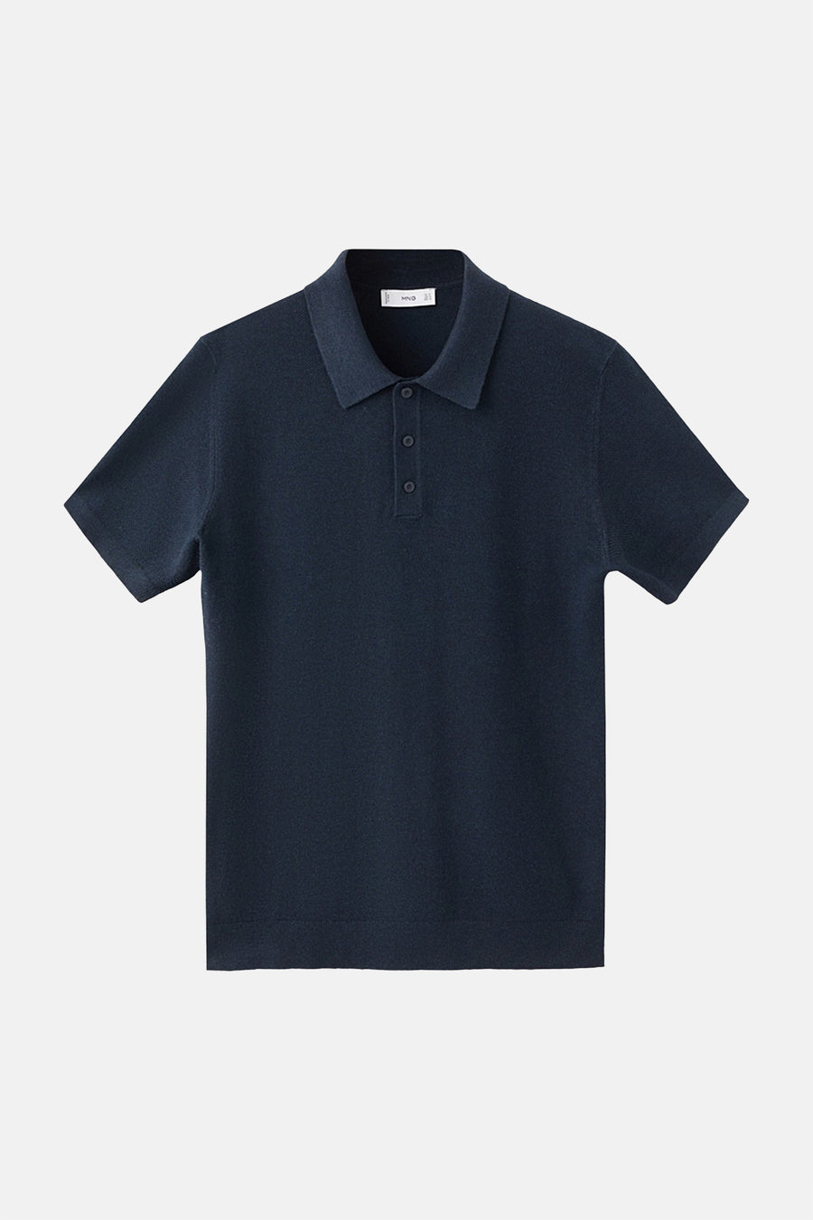 Blauwe polo van MANGO, met korte mouwen en knoopsluiting, op een witte achtergrond.