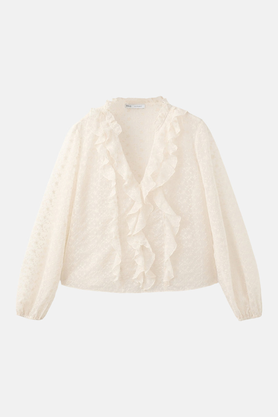 Ecru blouse met lange mouwen van MANGO, met volants aan de V-hals en een subtiel geweven patroon.