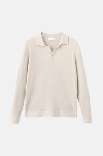 Sweat-shirt V-hals beige de MANGO, avec une texture côtelée et des manches longues.