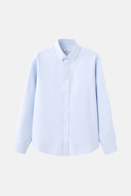 Blauw overhemd met lange mouwen van MANGO, effen stof en een button-down kraag.