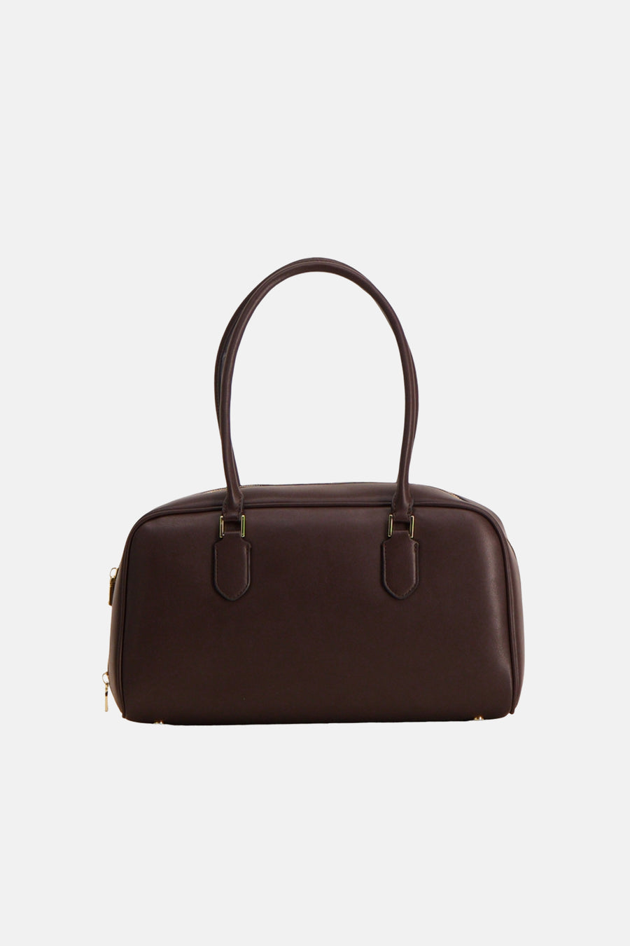 Bruine schoudertas van MANGO, met korte handvatten en goudkleurige details.
