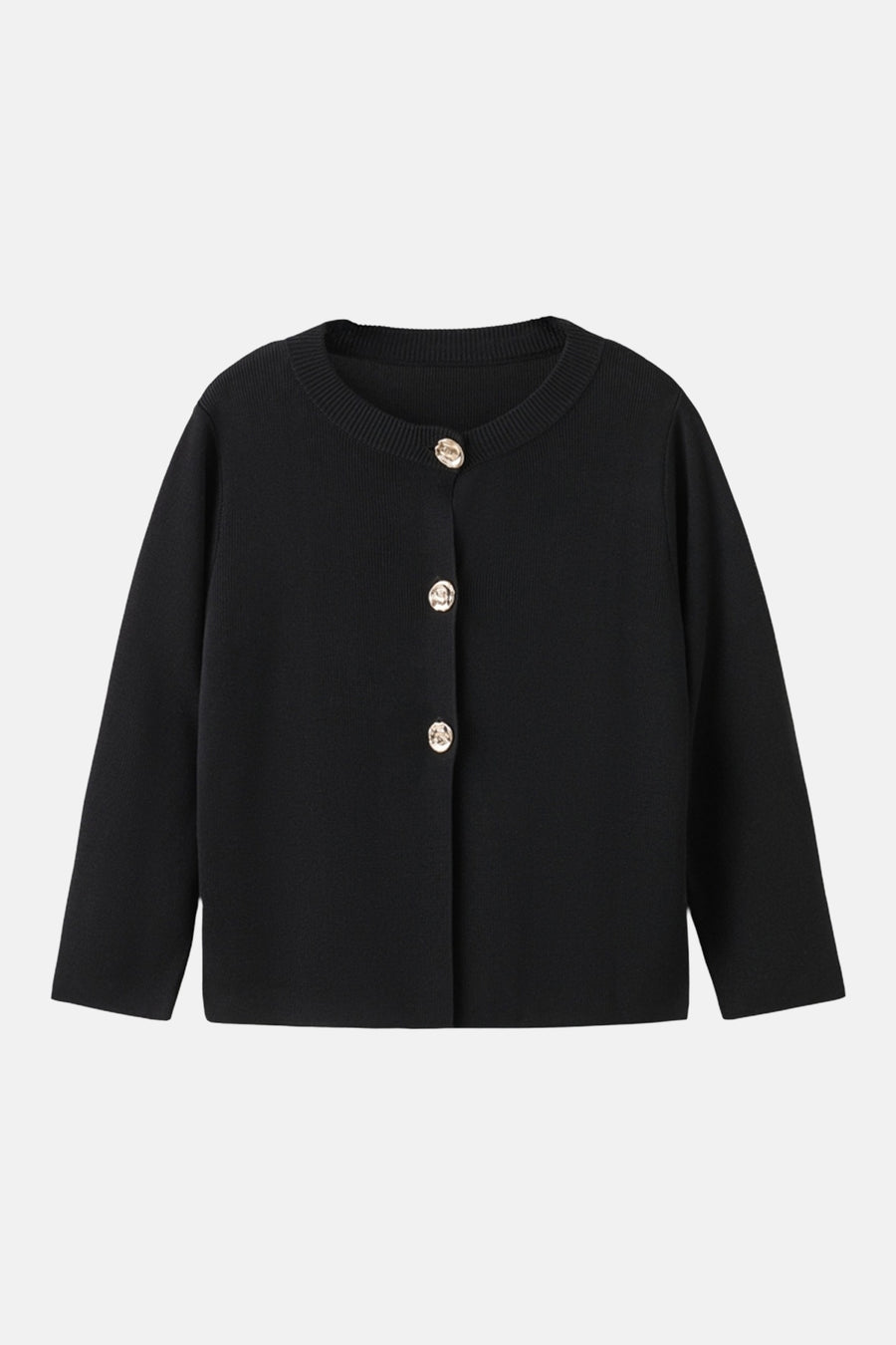 Gilet noir de MANGO, à manches longues et boutons dorés sur le devant.