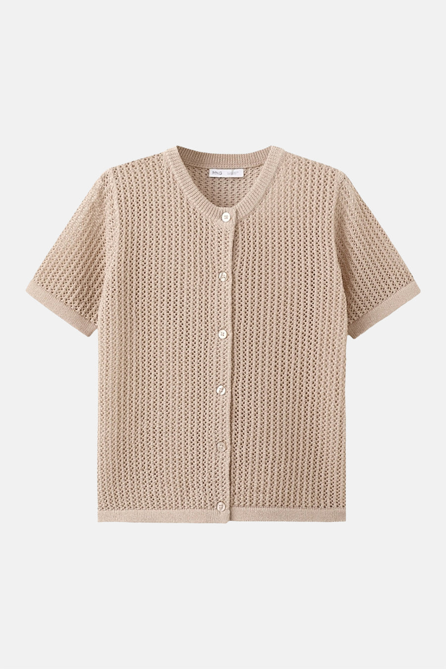 Gilet marron de MANGO, à manches courtes et à la texture ajourée, fermé par des boutons.