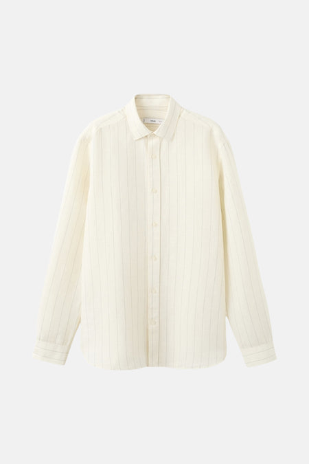 Chemise de couleur écru de MANGO, à manches longues et à fines rayures verticales.