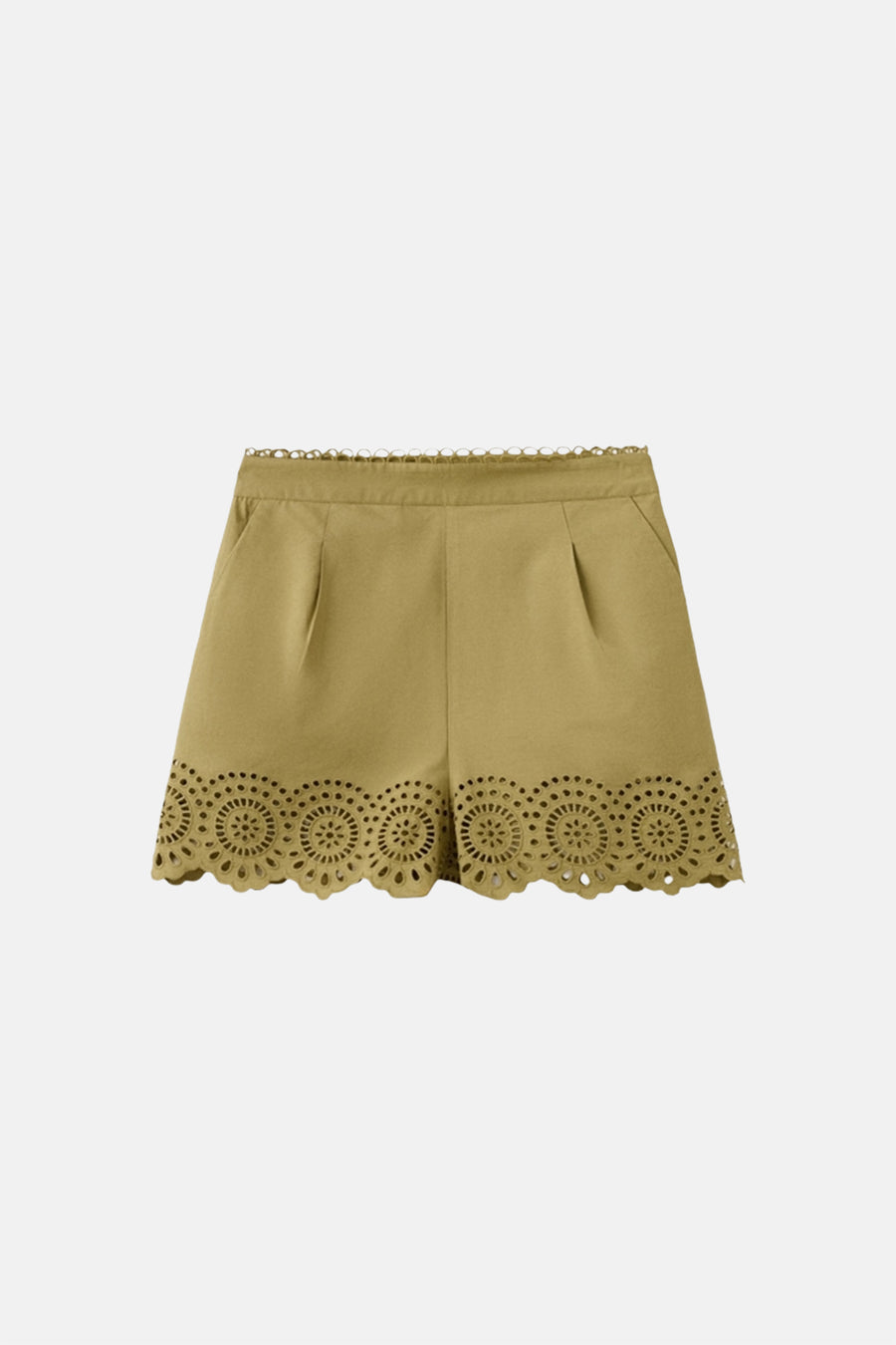 Short kaki MANGO avec devant plissé, taille festonnée et ourlet découpé au laser avec motifs circulaires.