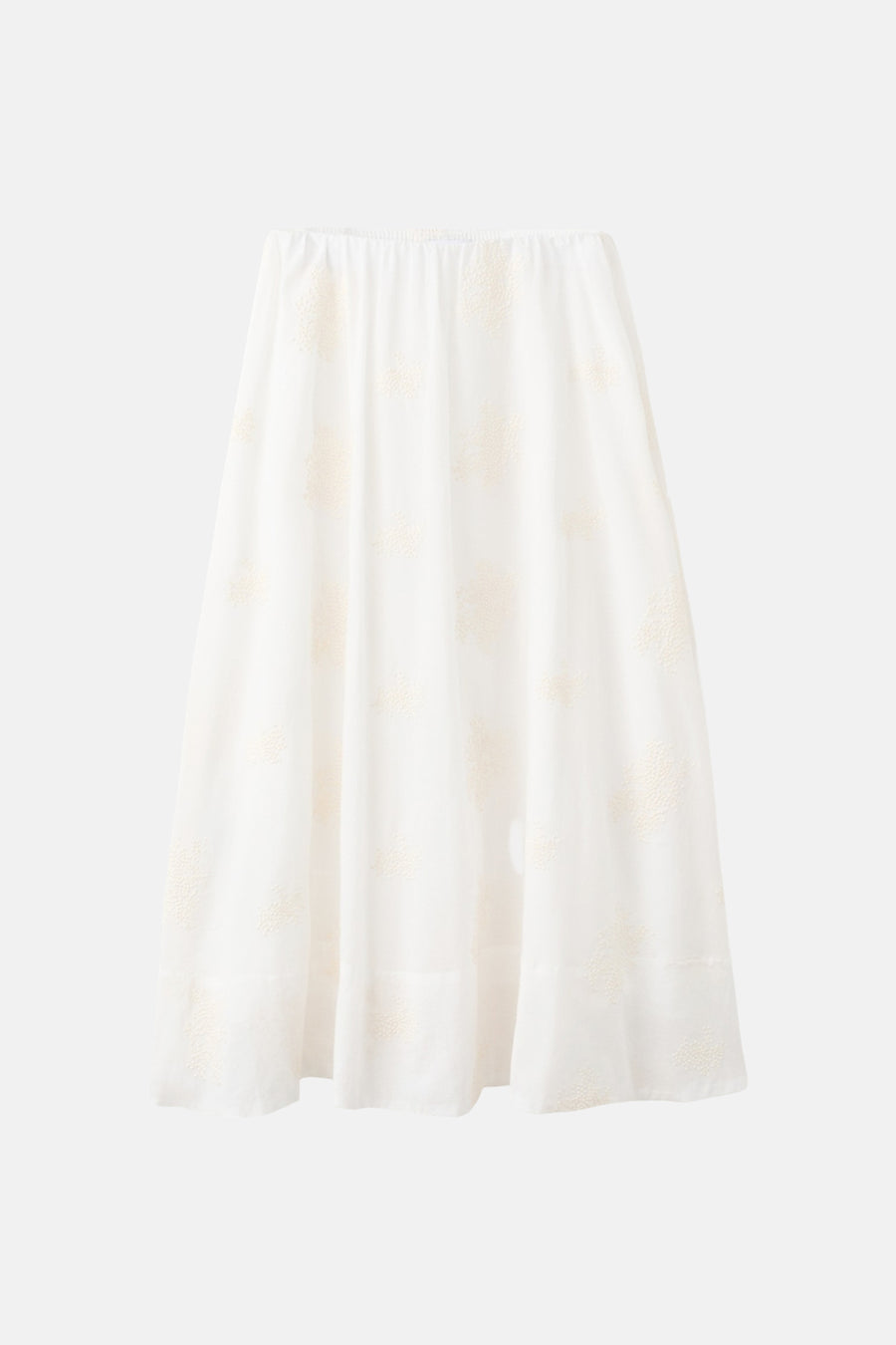 Jupe longue écru de MANGO avec taille élastique et motifs de broderie florale subtils.