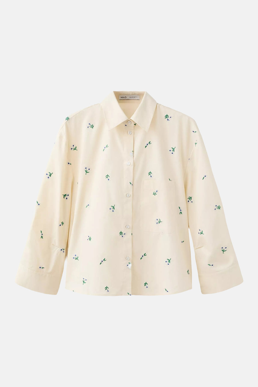 Crèmekleurige blouse met lange mouwen en bloemenprint van MANGO, voorzien van knopen en borstzakje, front view