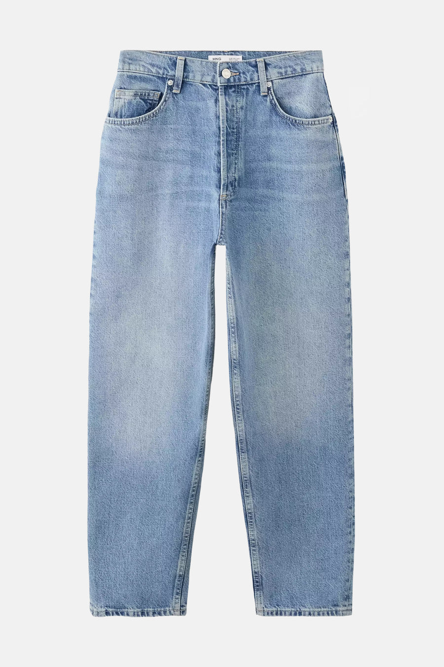 Lichtblauwe mom jeans van denim van MANGO, front view met verbleekt effect en rechte pasvorm