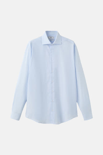 Blauw overhemd met lange mouwen van MANGO, effen stof en lange mouwen.
