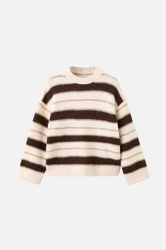 Sweat-shirt multicolore à col rond de MANGO, avec des larges rayures brunes et beige.