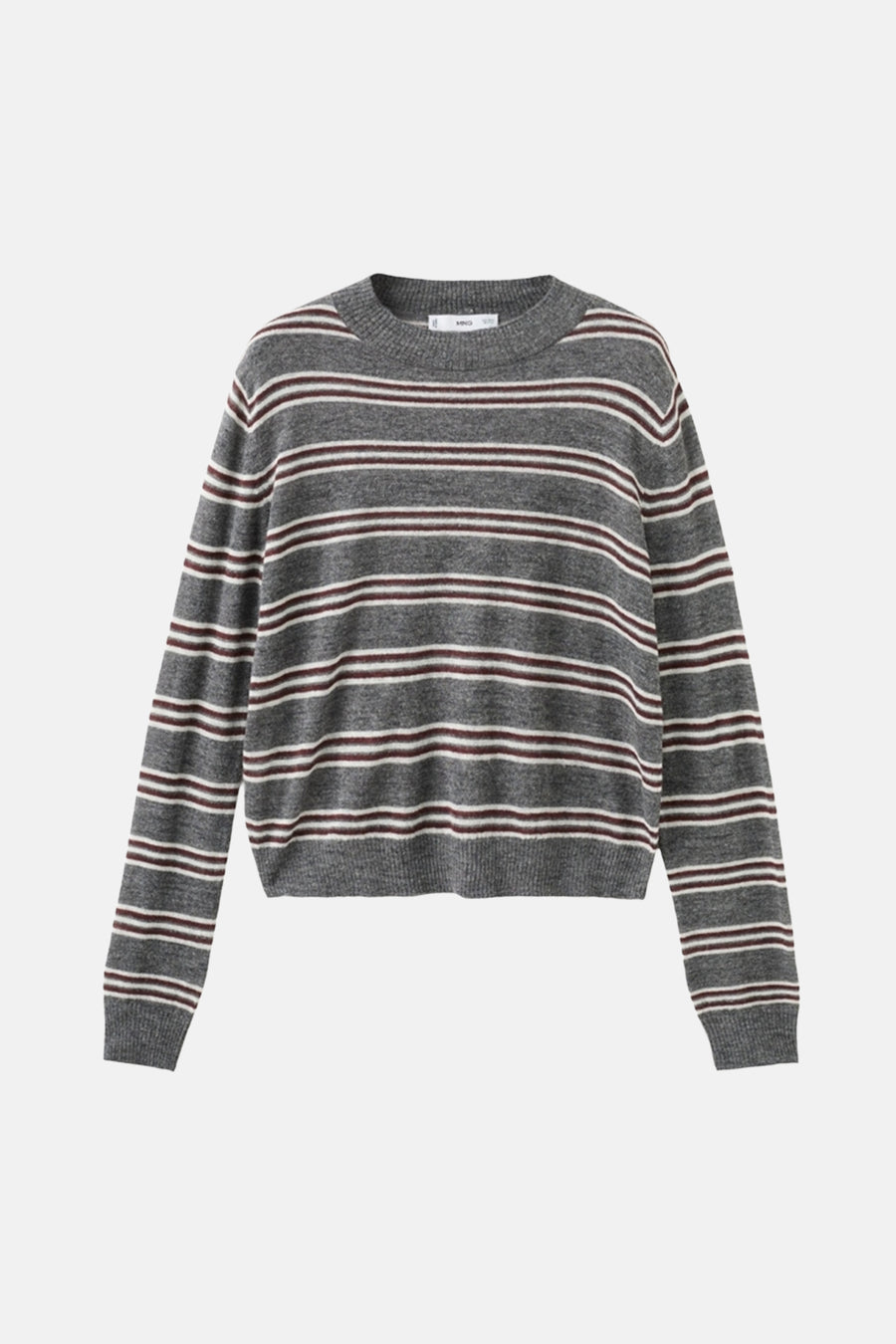 Pull gris à col rond de MANGO, avec motif rayé blanc et bordeaux.