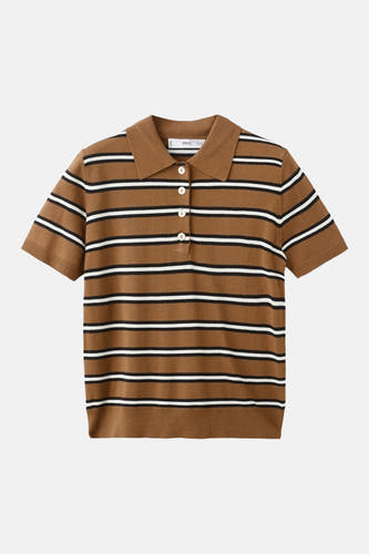 Polo multicolore de MANGO, à manches courtes et à motif rayé marron, blanc et noir.