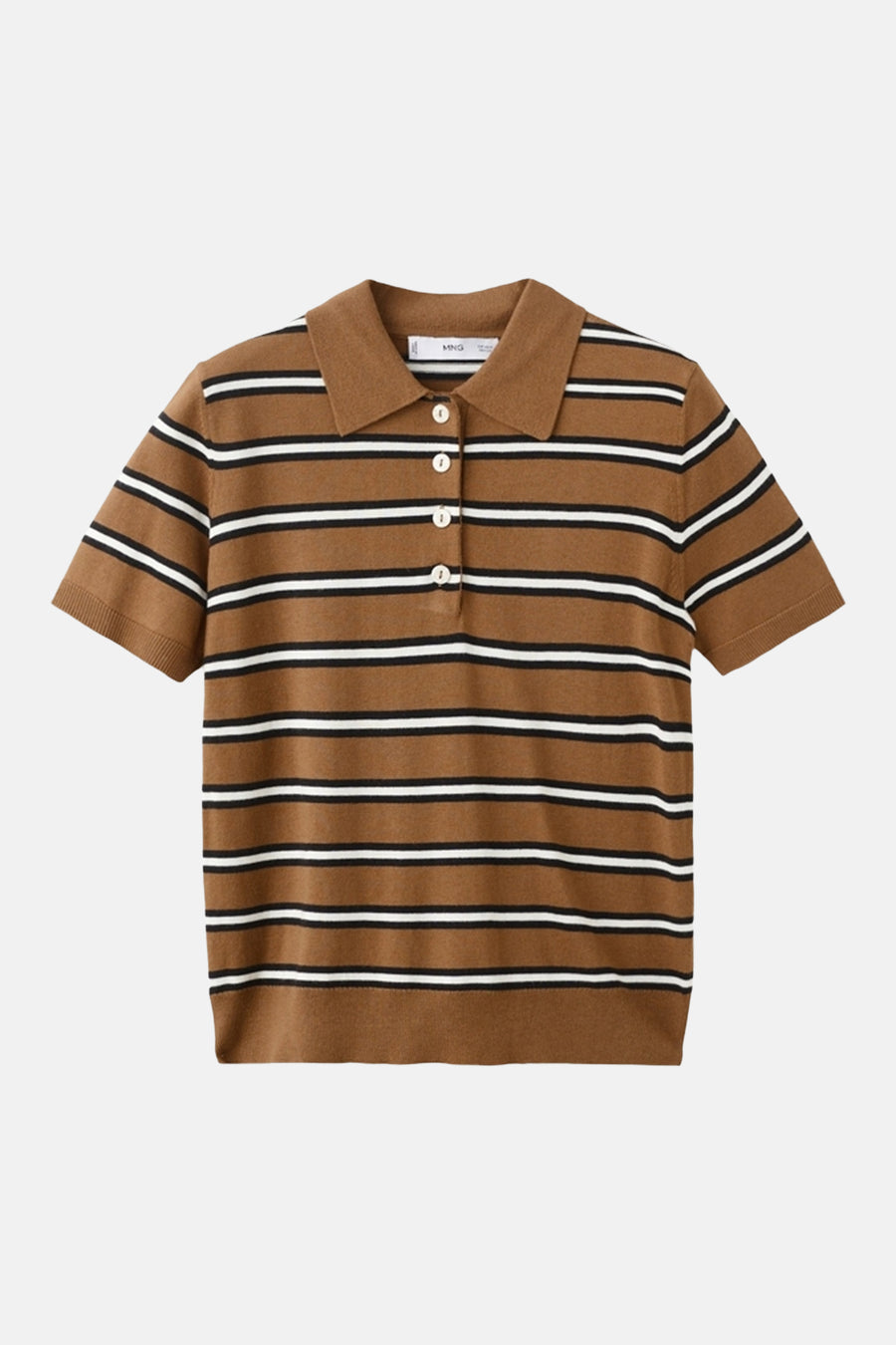 Polo multicolore de MANGO, à manches courtes et à motif rayé marron, blanc et noir.