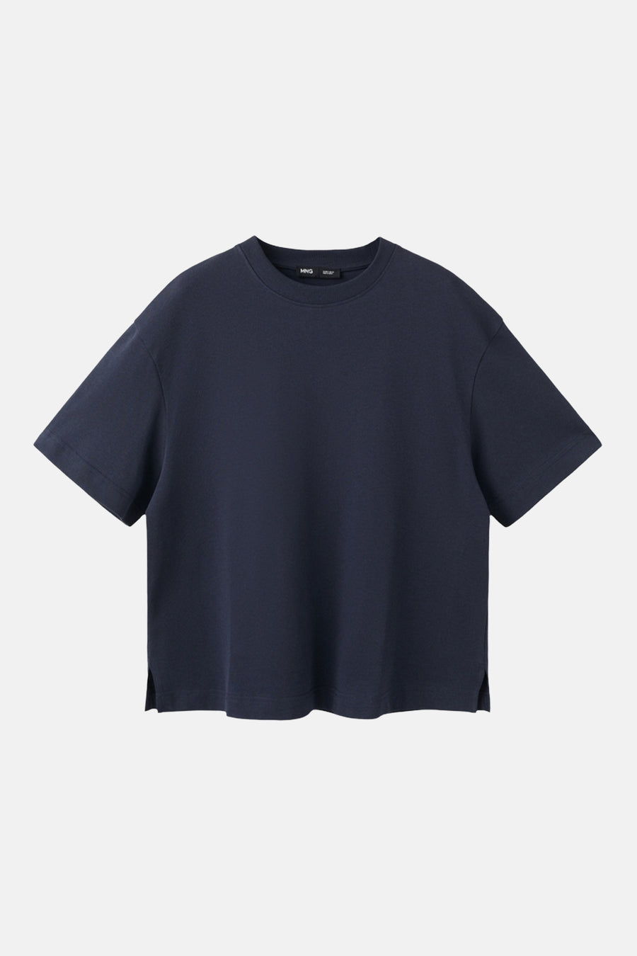 Blauw T-shirt van MANGO met korte mouwen en kleine splitjes aan de zijkant.