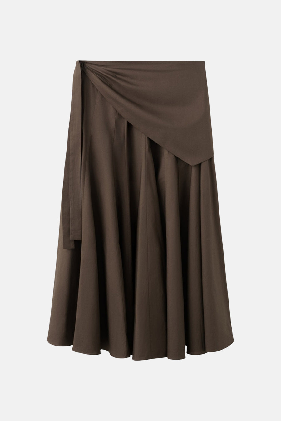 Bruine lange rok van MANGO met overslagdetail en een strikceintuur.
