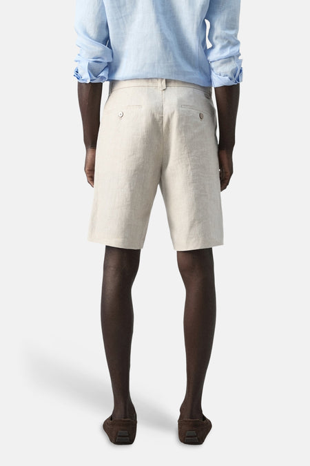 Beige bermuda van MANGO, gezien van achteren, gecombineerd met een lichtblauw overhemd en bruine schoenen.