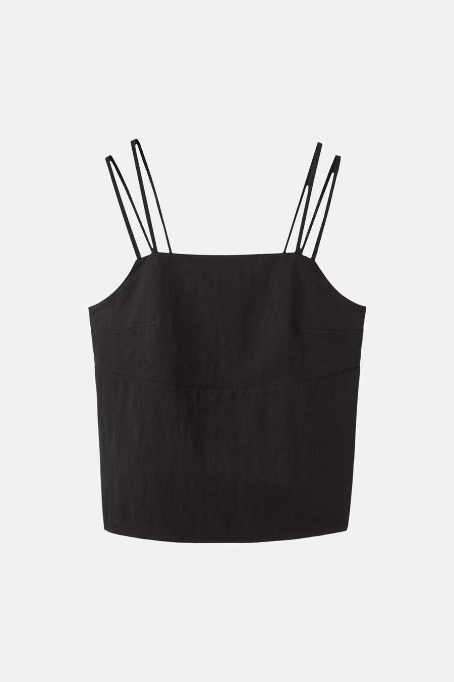 Zwarte top met spaghettibandjes van MANGO, van gestructureerde stof met een vierkante halslijn en meerdere dunne bandjes.