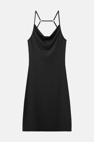 Zwart mouwloos kleedje van MANGO met kruisbandjes en diepe halslijn, gladde stof, front view