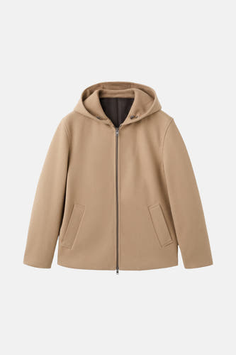 Beige, manteau court de MANGO avec capuche et fermeture éclair à l'avant.