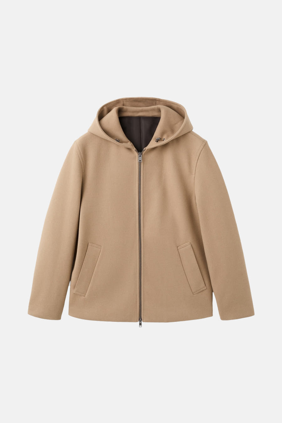 Beige, korte jas van MANGO met capuchon en ritssluiting aan de voorkant.