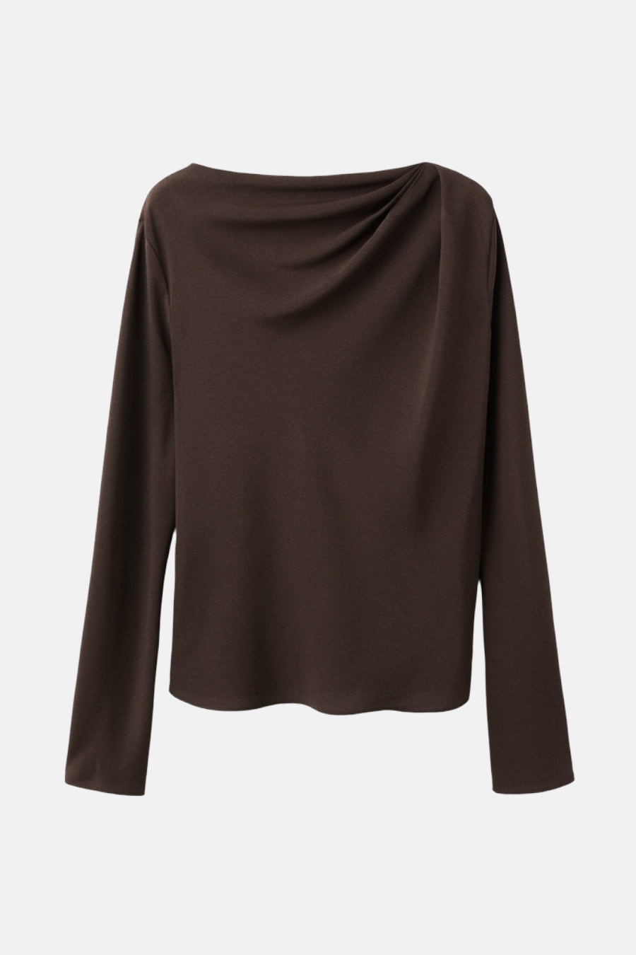 Blouse brune à longues manches de MANGO, avec une encolure plissée et un tissu lisse.