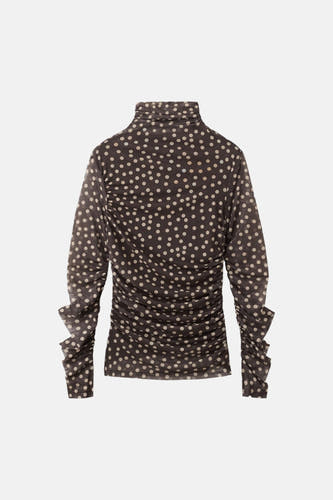 T-shirt marron à manches longues de MANGO, avec un motif à pois et un détail plissé.