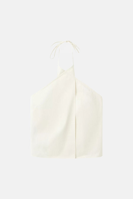 Haut écru rayée de MANGO, modèle licou avec devant croisé.